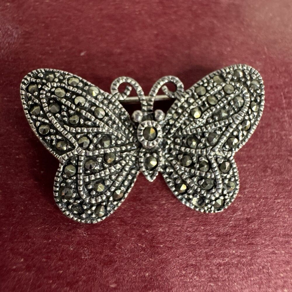 925 Sterling Silver Vintage Real Marcasite Butterfly Pin Brooch